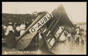 1923 Plane Crash Simpson & Bell (Tweed Heads) real photo "Accident to G-AUBL 23.1.1923" (Gawking On-Lookers, the Plane Literally Split in Half), faint bend, unused. Ex rryan. [This incident took place at Greenmount & was caused by the pilot swerving to av