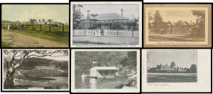 Two large albums by town 'A' to 'Y' in roughly alphabetical order with many small settlements & unusual views, a good range by local publishers & many real photo types, noted post offices, town halls, beaches, bridges, ferries, snow scenes, Jenolan Caves 