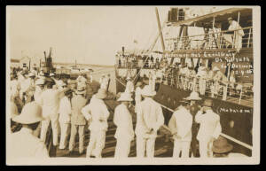 1915 real photo Card "Return of His Excellency Dr Gilruth to Darwin 12.4.15" (with a bevy of white-suited officials on the wharf), used under cover with message "This is a view of our arrival in Darwin. Dad is on the fore part...". Ex rryan. [John Anderso