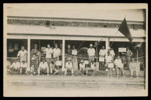 1918 "Darwin Rebellion" postCard-size photograph of at least 25 men - including several Aborigines - with plaCards & a red flag on the verandah of a brick building, minor spotting on the reverse only. Ex rryan. [The Rebellion was the culmination of eight 