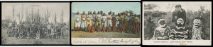 ABORIGINES: "Natives Darwin" (very fine), "Finke River" (Girls at the Mission, coloured, with bumped corners), then real photo types "Native Home NT" (plain back, very fine), "Corroboree Preparations Arunta Aborigines" (tape stain away from the photo), J 