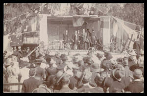 RAILWAYS: 1912 real photo Cards of the Official Opening of the project with two of the stage & dignitaries (one with small corner fault), the other with 10 small photos & inscribed "Lord Denman Gov General of Australia Turning the first Sod...Port Augusta