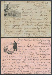 1898-1902 "Intermediate-Size Cards 1901 "Write Away" Cards - the message started for the sender - "I am about to blow you up..." (Guy Fawkes & Gunpowder) on grey stock (a little stained), and "The delay in answering is" (Drunk & Policeman) on pink stock (