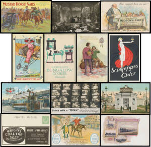 ADVERTISING: Packet of mostly British Cards including "poster" Cards for Horniman's Pure Tea (KEVII), Mustad Horse Nails ("Charged by the Carabiniers"), Bayonet Point Hat Pins x2 (sailing & flying), Schweppes Cider (quite racy Art Nouveau), Mellin's Food 