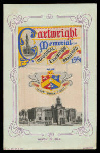 EXHIBITIONS - NON-PHILATELIC: 1904 Cartwright Memorial Hall Exhibition Bradford WH Grant & Co silk Card of the Hall, remarkably fine especially for having been postally used, at 'ILKLEY/JU15/04'. Ex Keith Harrison.