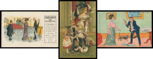 SUFFRAGETTES/VOTES FOR WOMEN: Marvellous group of comic Cards many of which are overtly anti-feminist including Felix McGlennon Ltd "Harem-Scare 'Em Girls" set of 6, Donald McGill "The Harem Skirt" & J Miles & Co "Give me a Vote & see what I'll Do!", whil