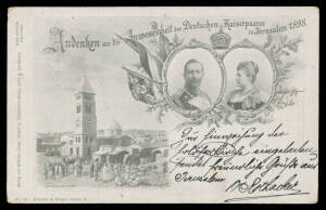 GERMAN: 1898 Wilhelm Gross PPC for the Kaiser's Visit to Palestine with view of "Erlöserkirche", to Germany with Ottoman 20pa tied by largely very fine bilingual '.../BUR AMB JERUSALEM-JAFFA TPO' cds, 'MANNHEIM' arrival cds. A delightful item.