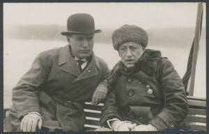 1930 real photo Card of Benito Mussolini (in top hat) & the poet Gabriele d'Annunzio, unused; also a note in English signed "D'Annunzio". [d'Annunzio was a WWI hero & Mussolini's favourite poet. In 1919, he seized power in Fiume where he later declared wa