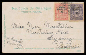 NICARAGUA: 1908 Sequeira Bros "Native Houses with Coconut Grove, Bluefields" to NSW with 'COSTA/ATLANTICA' Overprints 2c & 3c cancelled in transit at 'NEW ORLEANS/LA', bumped corners & a little soiled. A remarkable origin & transit.