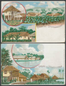 - 1898 10pf Postal Cards overprinted 'Deutsch-/Neu-Guinea' with artist views "Gruss aus Neu-Guinea" or "Gruss aus Stephansort", postally used to Germany with cds of 'HERBERTSHOHE' or 'STEPHANSORT', bumped corners. (2)