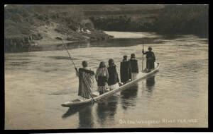 Superior group with Maori studies x8 including heavily tattooed chiefs & a beautiful real photo "On the Wanganui River" (superb), mourning Card for Richard Seddon (superb), Exhibition Cards for Christchurch x4 & Dunedin, real photo "The Mountaineer Leavin