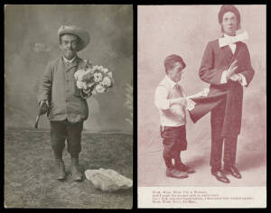 1907 R Reid real photos captioned "Kiss Georgie" of Auckland identity the dwarf Georgie Lett, as a newspaper boy (his day job, corner bend), cycling, a-courting & in a child's swing, the last used at Auckland in 1911, another used under cover; also five u