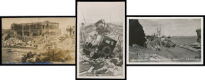 1931 Hawke's Bay Earthquake eleven real photo Cards of the devastation, one with Miss Faulknor imprint, others with plain backs (one with Beck's Pharmacy Napier backstamp), very fine to superb unused; also eleven pre-earthquake views including five real p