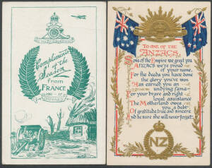 MILITARY Brett Printing Co "The King's Message...New Zealand's Reply", Daily Mail "Anzacs in France - A Brawny Maori Butcher", BB London lovely embossed Card "To One of the Anzacs...", all unused; and five different postCard-size Christmas Cards from the 