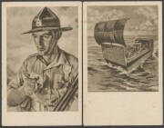 MILITARY WORLD WAR II: mid-1941 NZ Govt Copyright artist Cards by Captain Peter McIntyre "Kiwi", "Maadi Camp", "The Long Range Desert Patrol", "The Landing - Crete", "Galatos" & "Dressing Station - Maleme" (both towns on Crete), "Barge from Crete" (landin - 3