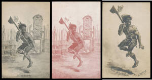 MAORI: Artist Cards by Horatio Gordon Robley ("GR") three of a Maori warrior with slightly different inscriptions (two for Iles of Rotorua, plus a fourth version used on an Iles Kodak Store advertising envelope with a couple of minor repaired tears) and a