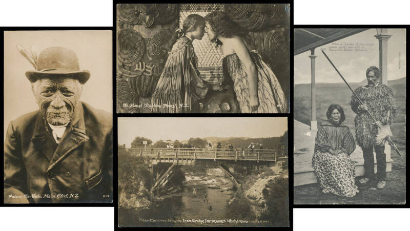 MAORI: Lovely group with real photos x7 including portraits, greeting (rubbing noses) & "Children Jumping from Bridge for Pennies", also "Wharepuni at Otokou", "Maoridom" (array of artefacts; addressed to Maj-Gen Robley in London), "The Maoris/Living Race