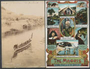 MAORI: Lovely group with real photos x7 including portraits, greeting (rubbing noses) & "Children Jumping from Bridge for Pennies", also "Wharepuni at Otokou", "Maoridom" (array of artefacts; addressed to Maj-Gen Robley in London), "The Maoris/Living Race - 5