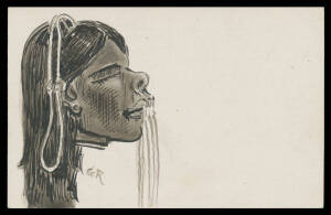 MAORI: original drawing on a postCard of a female mokomokai by HG Robley & initialled "GR", unused. Unique & culturally important. [Robley became an avid student of Maori culture & acquired the extraordinary number of 35 mokomokai (the heads of heavily ta