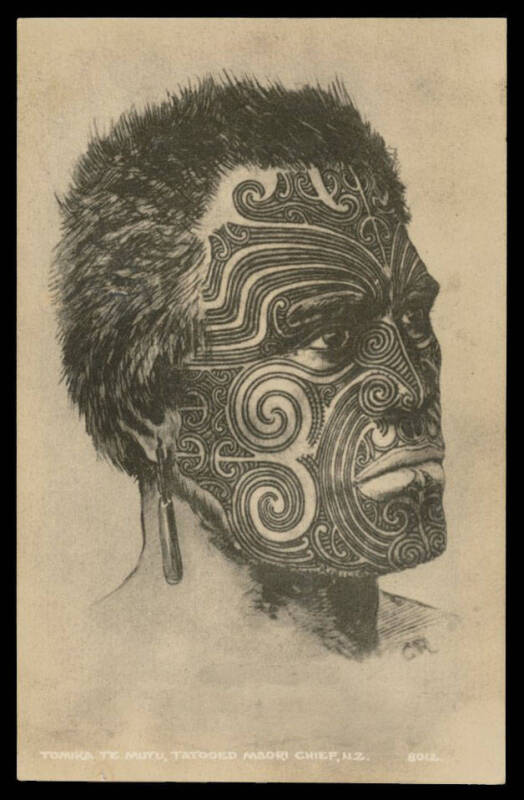 MAORI: Frank Duncan (Auckland) real photo of HG Robley's portrait of 'Tomika Te Mutu, Tatooed Maori Chief' initialled "GR", a couple of minor surface defects that are not immediately apparent. A really superb portrait & a wonderful study of moko.