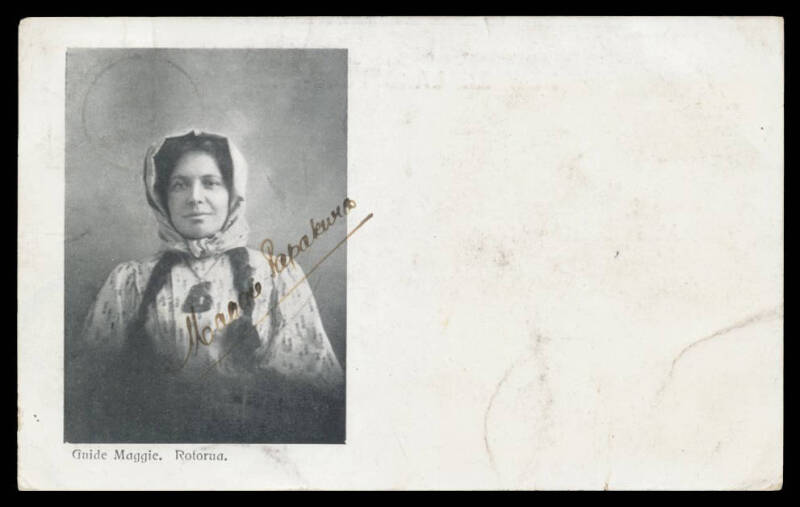 MAORI: c.1905 undivided back "Guide Maggie, Rotorua", autographed across the photograph, used in 1906 from 'WHAKAREWAWERA' (Maggie's home; the PO opened 5/3/1906) & taxed. [Makareti Papakura was one of the most popular guides in the Rotorua District. She