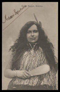 MAORI: Paterson's Series (no imprint) divided back "Guide Maggie, Rotorua" in Maori dress, facsimile signature, unused. [Most photos of Maggie Papakura show her with the head-scarf she wore as a guide]