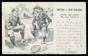 SPORT - RUGBY: 1904 Artist Card by E Frederick Hiscocks "Britain v New Zealand/After the Game/The Lion - Phew!!" commemorating the defeat of the English Team, to the USA, repaired tear at the top. [Examples have been offered for up to $600]