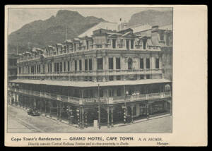 Album with some better Cards including "Eureka City - De Kaap Goldfields", advertising Card for "Grand Hotel, Cape Town" & a few real photo types, condition variable. (110 approx)