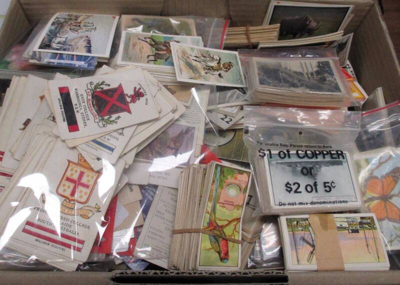 Box containing full and part sets with cigarette cards from Sniders and Abrahams, Will's including 'Ships and Shipping' & 'Modern War Weapons' full sets of 50, Havelock, Ogdens, Churchman's including 'The Story of Navigation' full set (50) and Capstan Nav