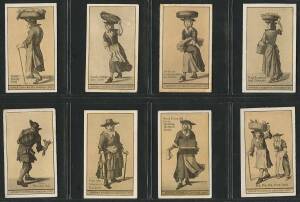 1905-15 Sniders & Abrahams cards in album, noted 1907 "How to Keep Fit" [30]; 1914 "Street Criers in London 1707" [48/60]; 1915 "Great War Leaders & Warships" [57/60]; 1915 "Crests of British Warships" [50/64]. Fair/VG.