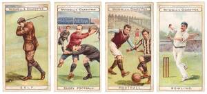 1907 Stephen Mitchell "Sports", complete set [25], includes cricket (2), football, golf & rugby football. Mainly G/VG. Scarce.