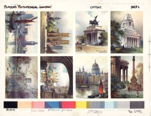 1931 Players "Picturesque London" [25] in three uncut proof sheets (no printing on reverse). G/VG.