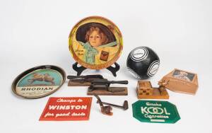 TOBACCIANA, group with antique tobacco cutters (2); pipes (2); bird cigarette dispenser box; plus bar mats (4) & beer trays (4).