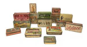 TOBACCO TINS, better group, noted Snake Charmer Cigarettes by Salmon & Gluckstein (London), Salmon & Gluckstein's Dandy Fifth Cigarettes, Hignett's Cavalier Brand. Condition varies.