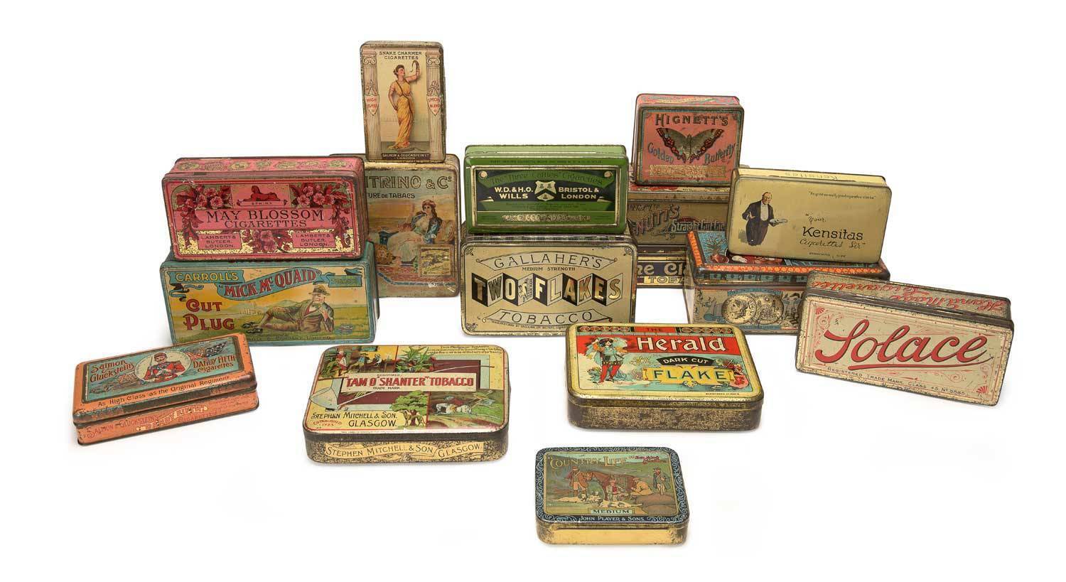 TOBACCO TINS, better group, noted Snake Charmer Cigarettes by Salmon ...