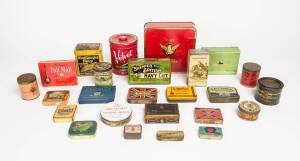 TOBACCO TINS, noted Skipper Brand British Navy Cut, King George's Navy Chewing Tobacco, Zaphiro Cigarettes Egyptiennes (Chicago). Condition varies.