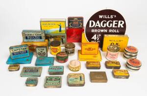 TOBACCO TINS, Wills group with tins (34), plus advertising sign. Condition varies.