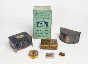 TOBACCO TINS, nicer group, noted Cavander's Medium (London), Pioneer Brand by Richmond Cavendish Ltd (Liverpool), Snuff by Dodo Designs (Mfrs) Ltd (London), Black Cat Navy Cut by Carreras (London). Condition varies.