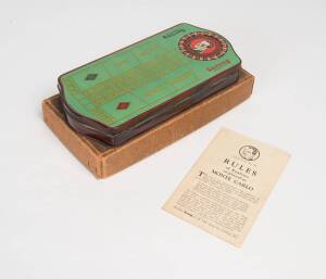 TOBACCO TIN: Sarony Cigarettes tin in shape of roulette table, with small box inside containing spinner & chips, in original box with "Rules of Monte Carlo".