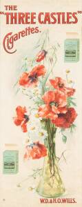 TOBACCO ADVERTISING POSTER, "The 'THREE CASTLES' Cigarettes. W.D. & H.O.Wills", featuring vase of flowers, window mounted, framed & glazed, overall 48x90cm.