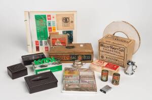 TOBACCIANA, noted bakelite cigarette cases (5); other cases (2); American tobacco pouches (2); cigarette & tobacco packets in albums; cigarette papers including a huge roll of "Les Dernieres Cartouches" French cigarette papers; cigar rings; collection of 