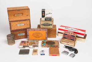 TOBACCIANA, group with nice collection of vintage matchboxes; lighters (some with advertising); matchbox holders including one featuring Don Bradman & G.O.Allen; cigar & tobacco boxes etc. (50+ items). Inspection will reward.