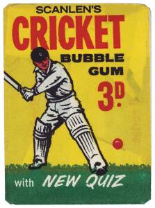 1965 Scanlens wrapper "Scanlen's Cricket Bubble Gum 3d. with New Quiz". G/VG.