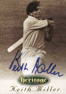 1995 Futera "The Heritage Collection - A Collection of Great Australian Cricketers", Card No.11 Keith Miller, overprinted on reverse "Promotional Card Only" & signed on front by Keith Miller. VG.