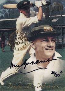 1996 Heritage/Futera "Sir Donald Bradman", complete set [4] - all signed by Don Bradman & overprinted on reverse "Promotional Card Only". DON numbered 20/30P; DB numbered 14/30P; DGB numbered 23/30P; SDB numbered 14/30P. VG.
