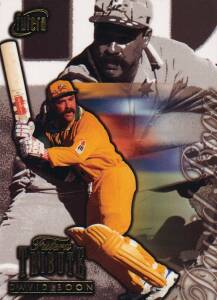 1996 Futera World Cup "David Boon Tribute", "Mark Waugh Premier Batsman" & "Mark Waugh Signature Card" #19/100 (with Redemption card & Certificate card).