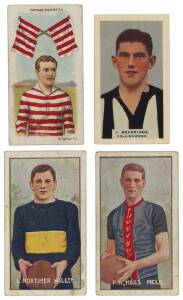 1905-33 football cards, noted&nbsp;1905-06 Sniders & Abrahams "Australian Footballers", Series B, "Victorian League Players" [8/50] & "VFA" [3/20];&nbsp;1913 Wills "Football Club Colours and Flags" [14/28];&nbsp;1933 Godfrey Phillips "Victorian Footballers - A Series of