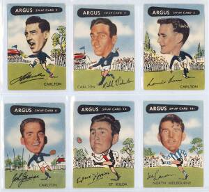1906-58 football cards in album, noted 1906 Dungey Ralph (Sweet Nell) "South Australian Footballers" [2/49 known];&nbsp;1958 Atlantic "Victorian League Stars" [82/128];&nbsp;1913 Wills "Football Club Colours and Flags" [19/28];&nbsp;1954 Argus "VFL Football Caricature S