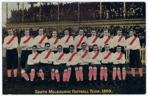 1909 FWN & Co "South Melbourne Football Team 1909" postcard (Rarity 9); plus 1964-65 Mobil "Footy Photos" of Geelong players (3). G/VG.