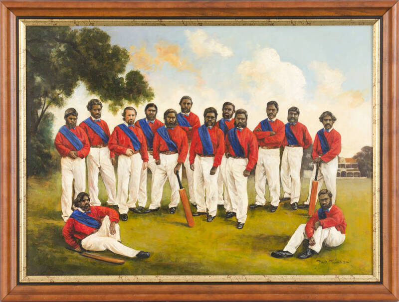 1868 AUSTRALIAN ABORIGINALS TEAM: "The First Australian Cricket Team to Tour England 1868" by Dave Thomas, oil on board, signed "Dave Thomas 2001" lower right, framed, overall 104x79cm.